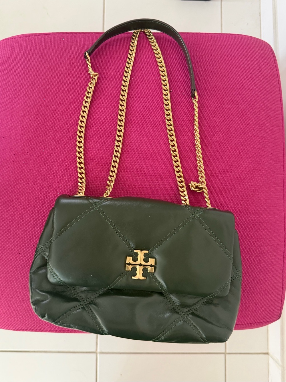 Tory Burch Dark Green Quilted Shoulder Bag with Gold Chain